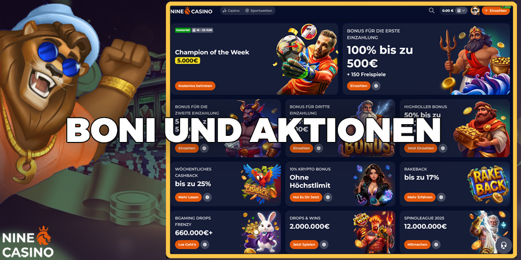 Auf der Ninecasino -Website eine Streuung von Boni und Aktien.